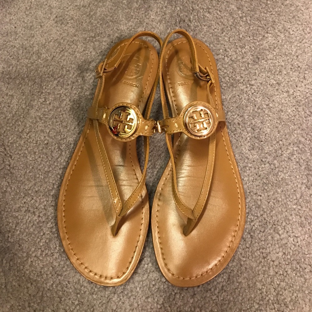 Tory Burch Tan Gold Logo Thong Sandals